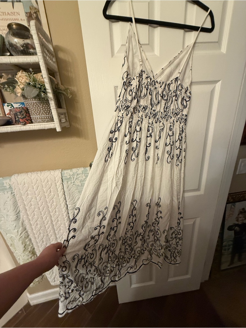 White Spaghetti-Strap White/Navy Embroidered Maxi Dress - Picture 4 of 7